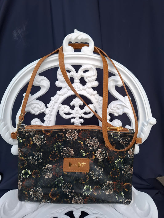 Bolso bandolera DOBRA piel estampado flores negro y marrón