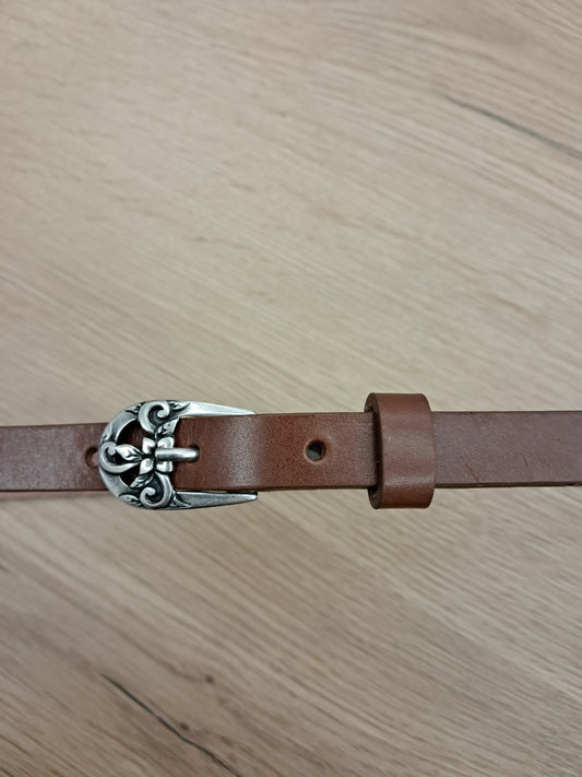 Cinturón de piel marrón 1,5cm hebilla plata vieja