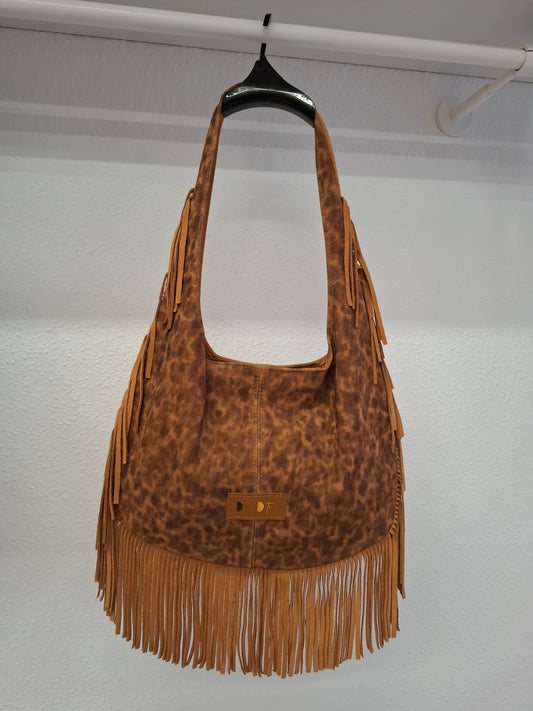 Bolso SOTO serraje flecos leopardo camel