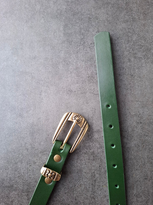 Cinturón de piel verde 2cm hebilla oro viejo