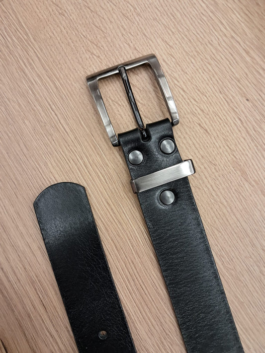 Cinturón hombre de piel negro 3,5cm hebilla fumé satinada