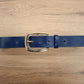 Cinturón de piel azul 3,5cm hebilla oro y fumé
