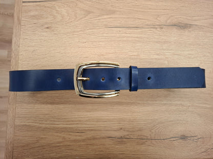 Cinturón de piel azul 3,5cm hebilla oro y fumé