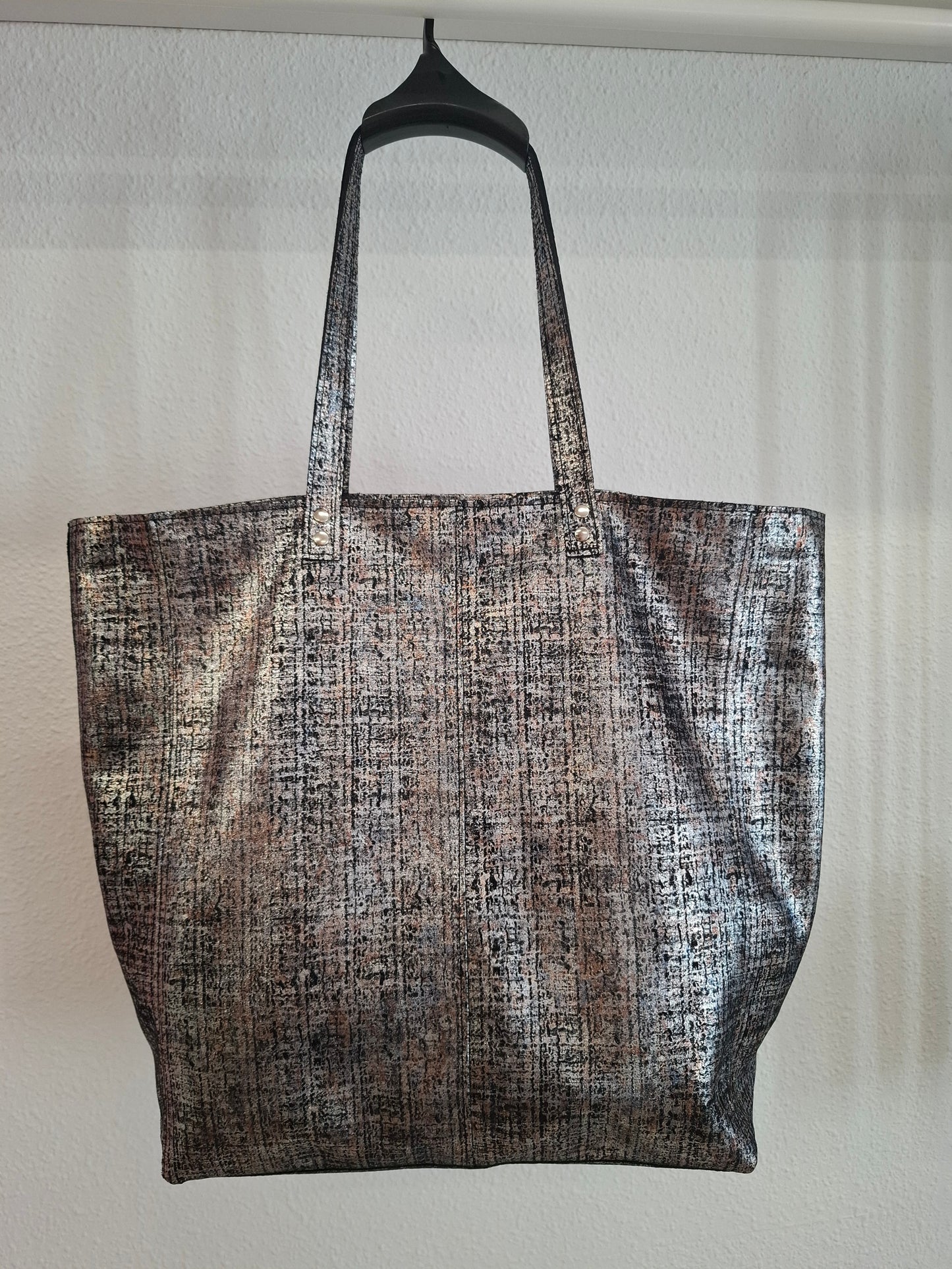 Bolso shopper VEGA XL piel jaspeado brillo negro y plata