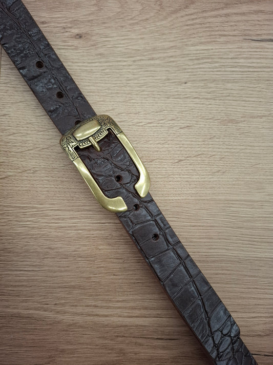 Cinturón de piel marrón coco 3cm hebilla oro viejo patillas