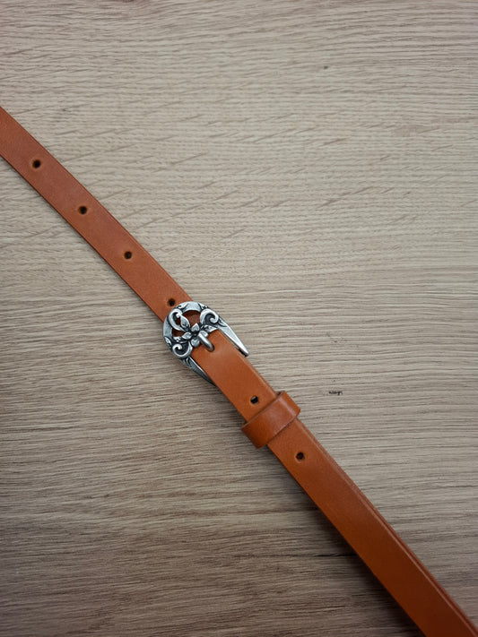 Cinturón de piel camel 1,5cm hebilla plata vieja