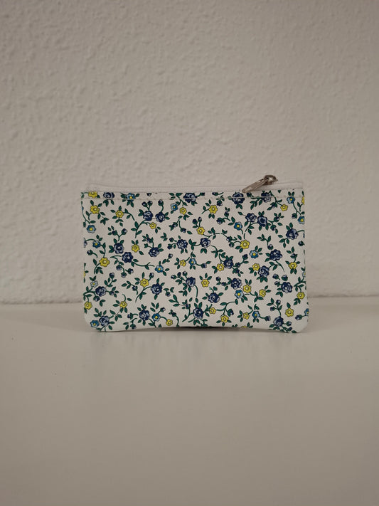 Monedero de piel flores blanco y azul metalizado