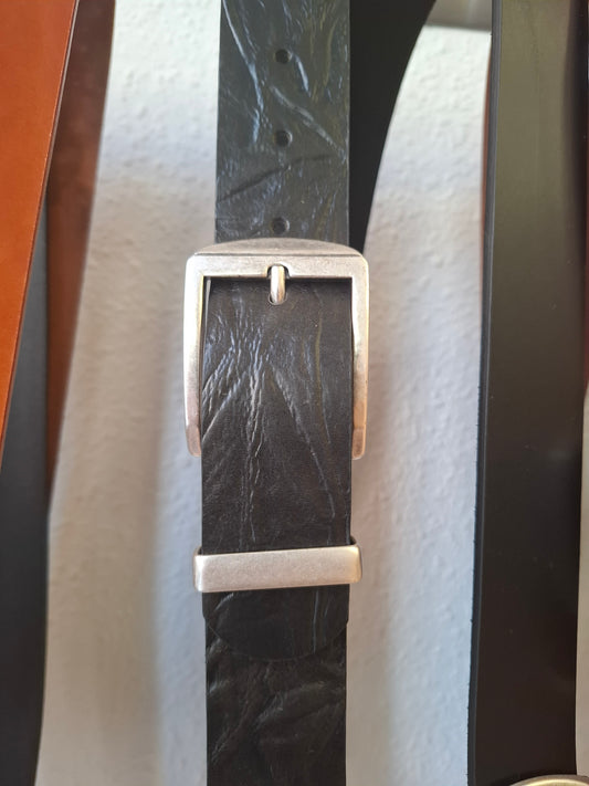 Cinturón hombre de piel negro grabado rayas 4cm hebilla plata vieja raya recta